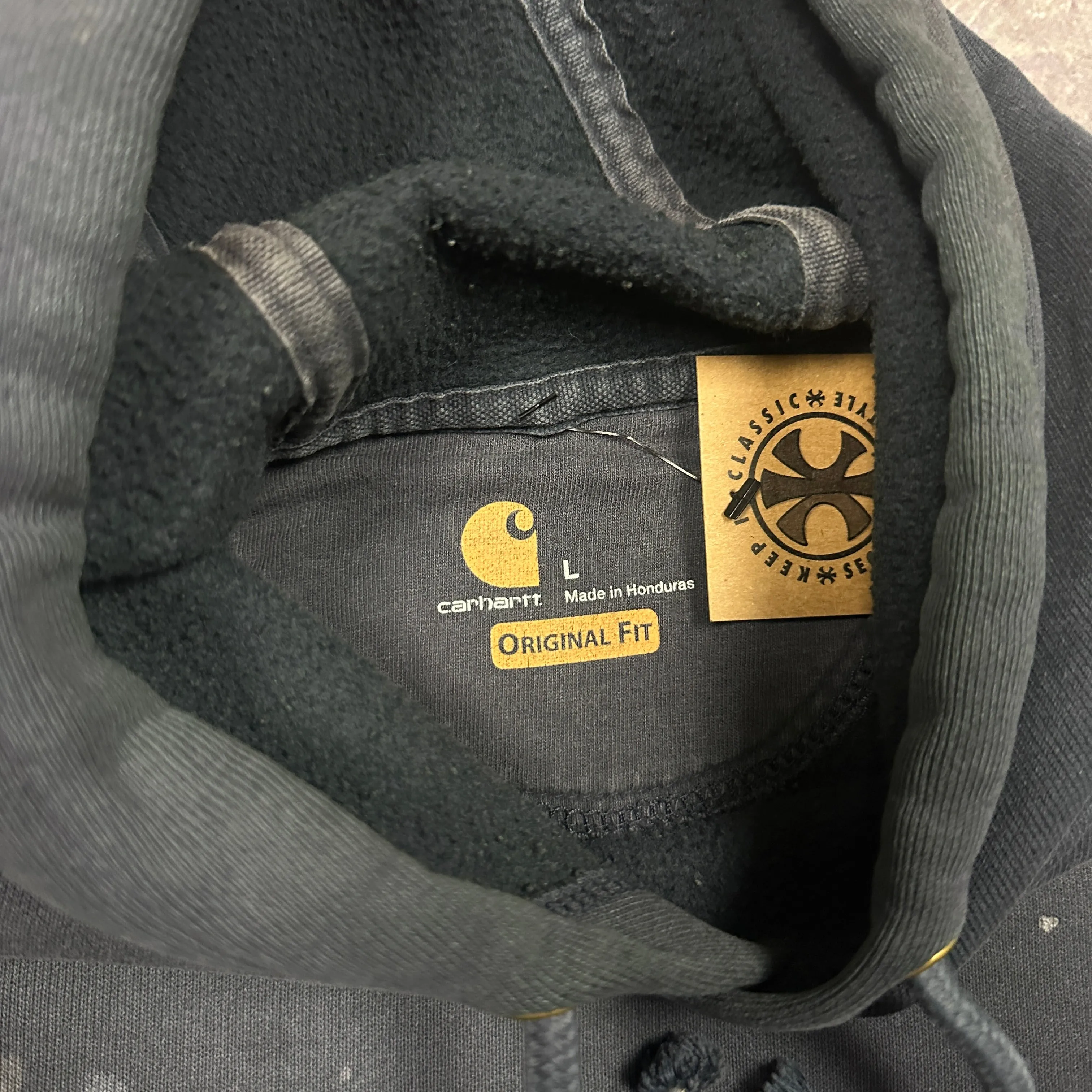 00s Faded Blue Carhartt Essential Logo Painter Hoodie L J32