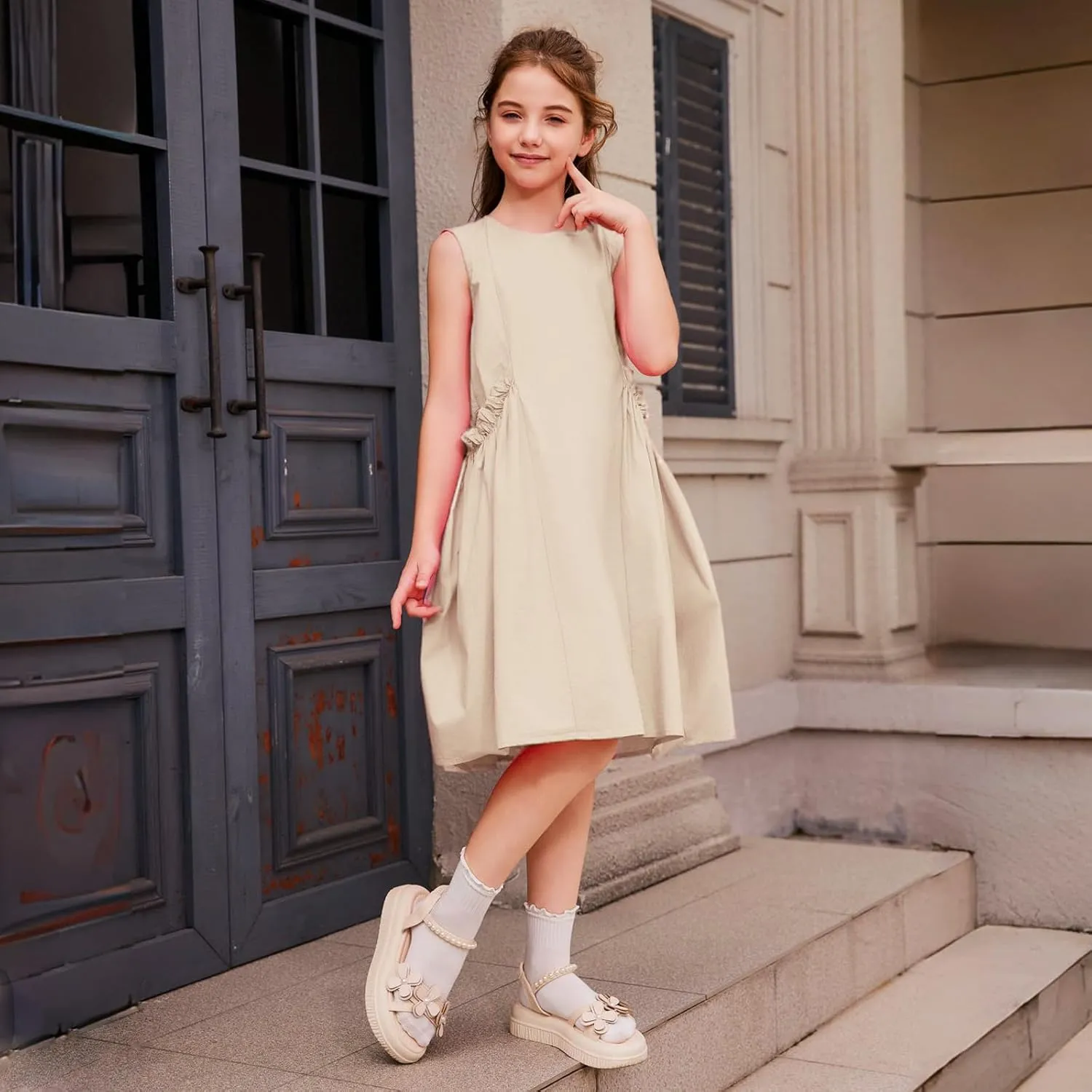 Balabala Girls Sleeveless Dresses Cotton Casual A line Girl 2025 Summer Swing Sundress with Pockets for 5-12 Years