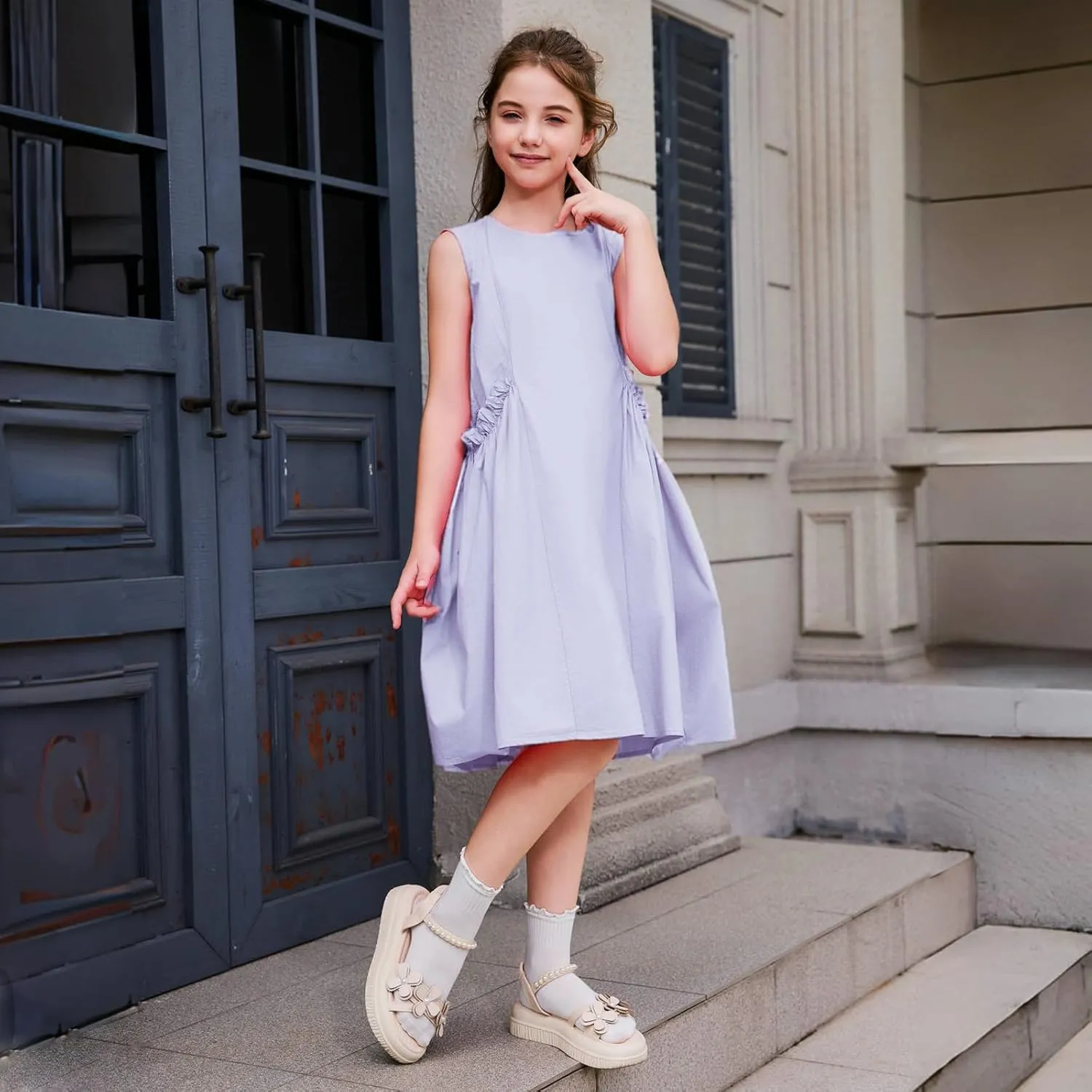 Balabala Girls Sleeveless Dresses Cotton Casual A line Girl 2025 Summer Swing Sundress with Pockets for 5-12 Years