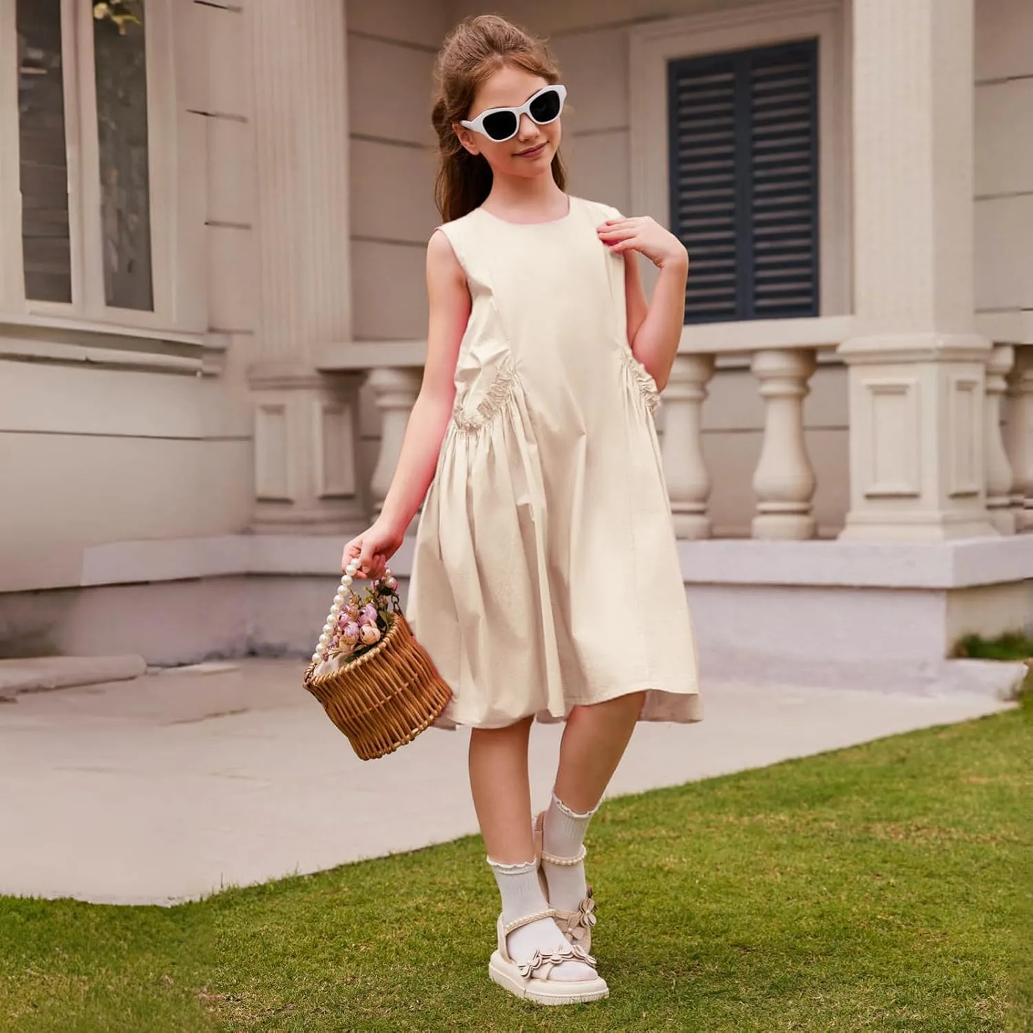 Balabala Girls Sleeveless Dresses Cotton Casual A line Girl 2025 Summer Swing Sundress with Pockets for 5-12 Years
