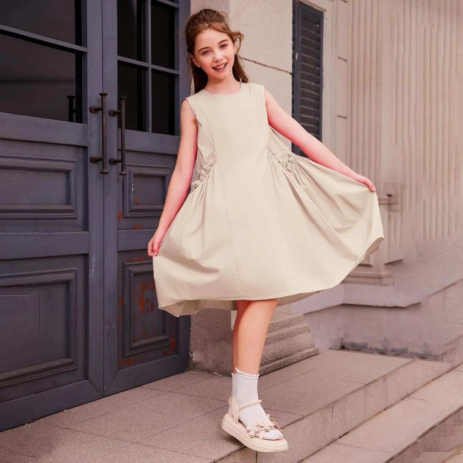 Balabala Girls Sleeveless Dresses Cotton Casual A line Girl 2025 Summer Swing Sundress with Pockets for 5-12 Years
