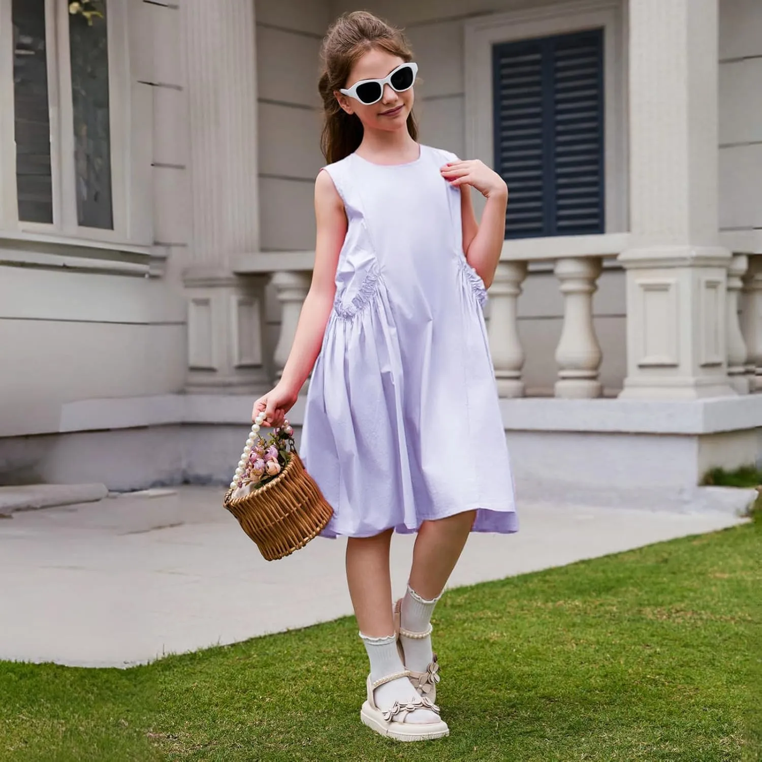 Balabala Girls Sleeveless Dresses Cotton Casual A line Girl 2025 Summer Swing Sundress with Pockets for 5-12 Years