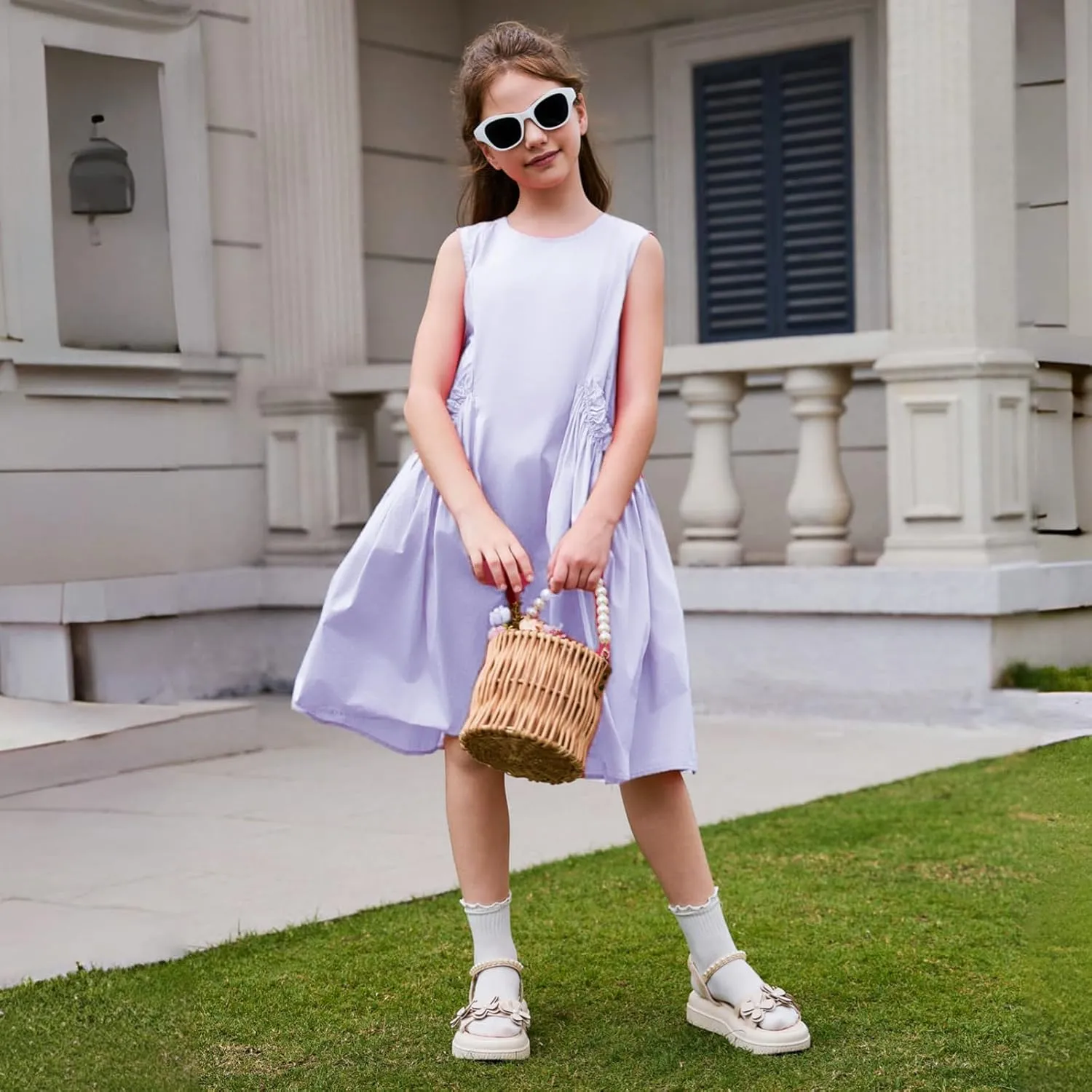 Balabala Girls Sleeveless Dresses Cotton Casual A line Girl 2025 Summer Swing Sundress with Pockets for 5-12 Years