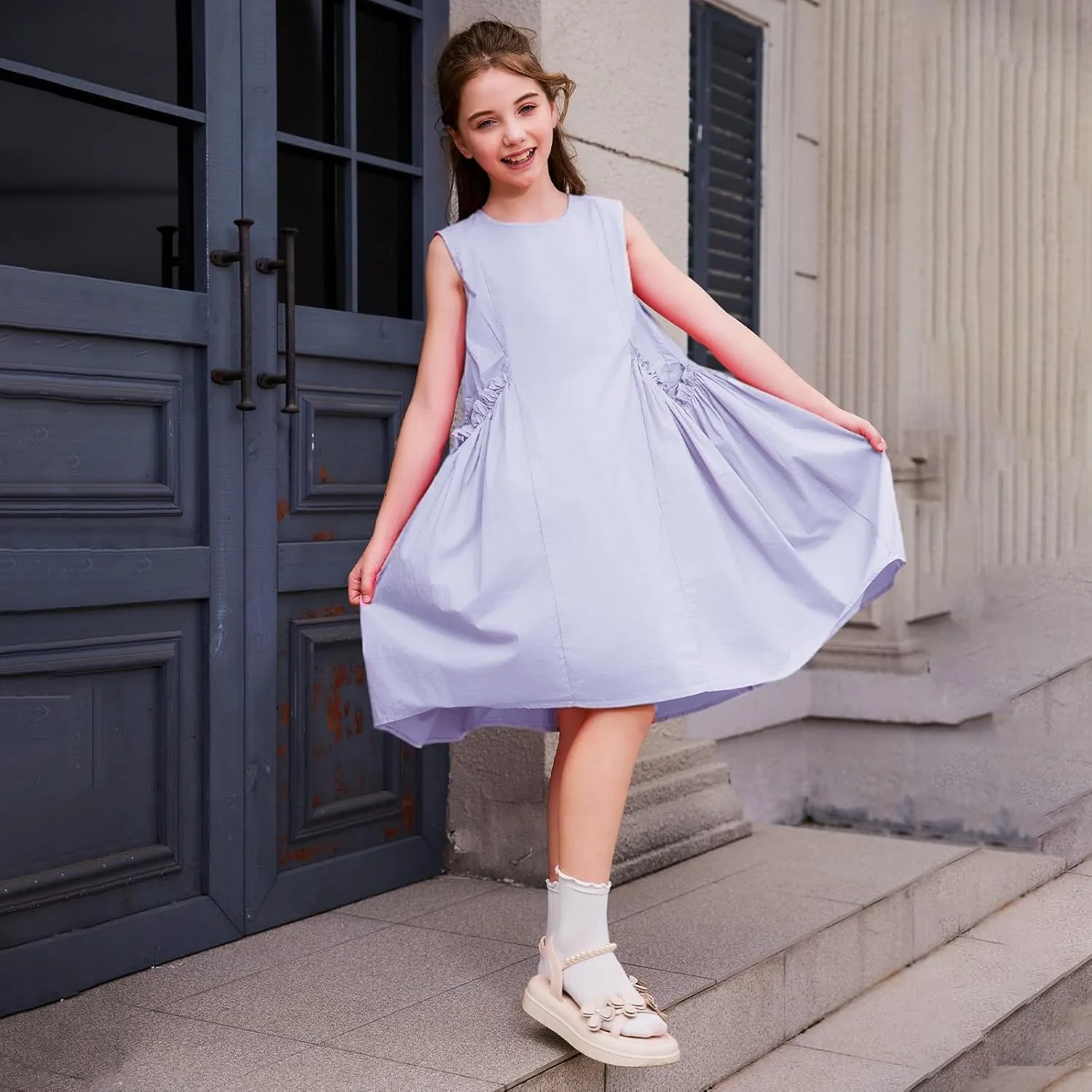 Balabala Girls Sleeveless Dresses Cotton Casual A line Girl 2025 Summer Swing Sundress with Pockets for 5-12 Years