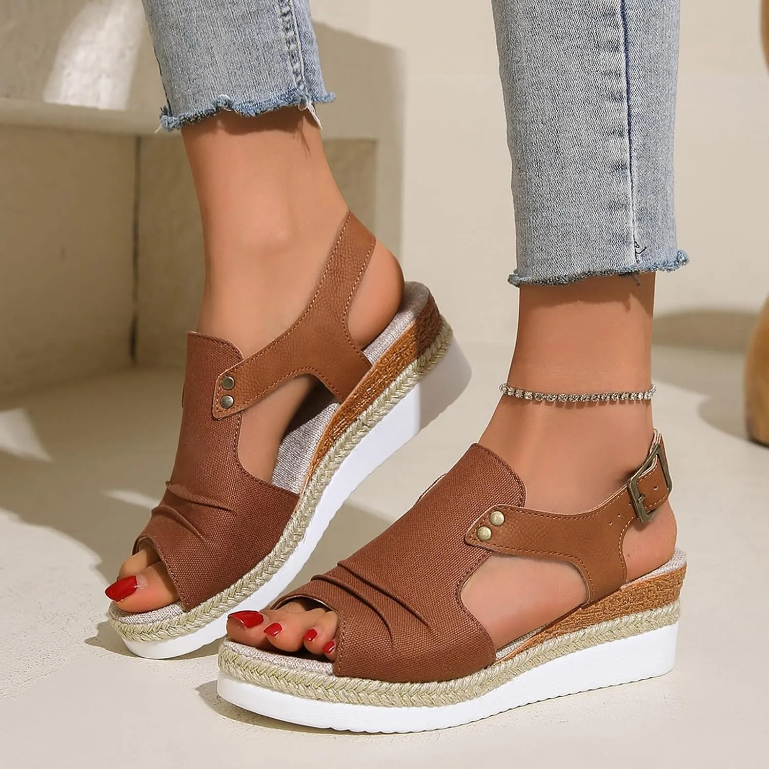 Beach Platform Sandals for Women Wedge Bohemian Summer Dressy Wedges Open Toe Beach Espadrille Sandals Ankle Strap