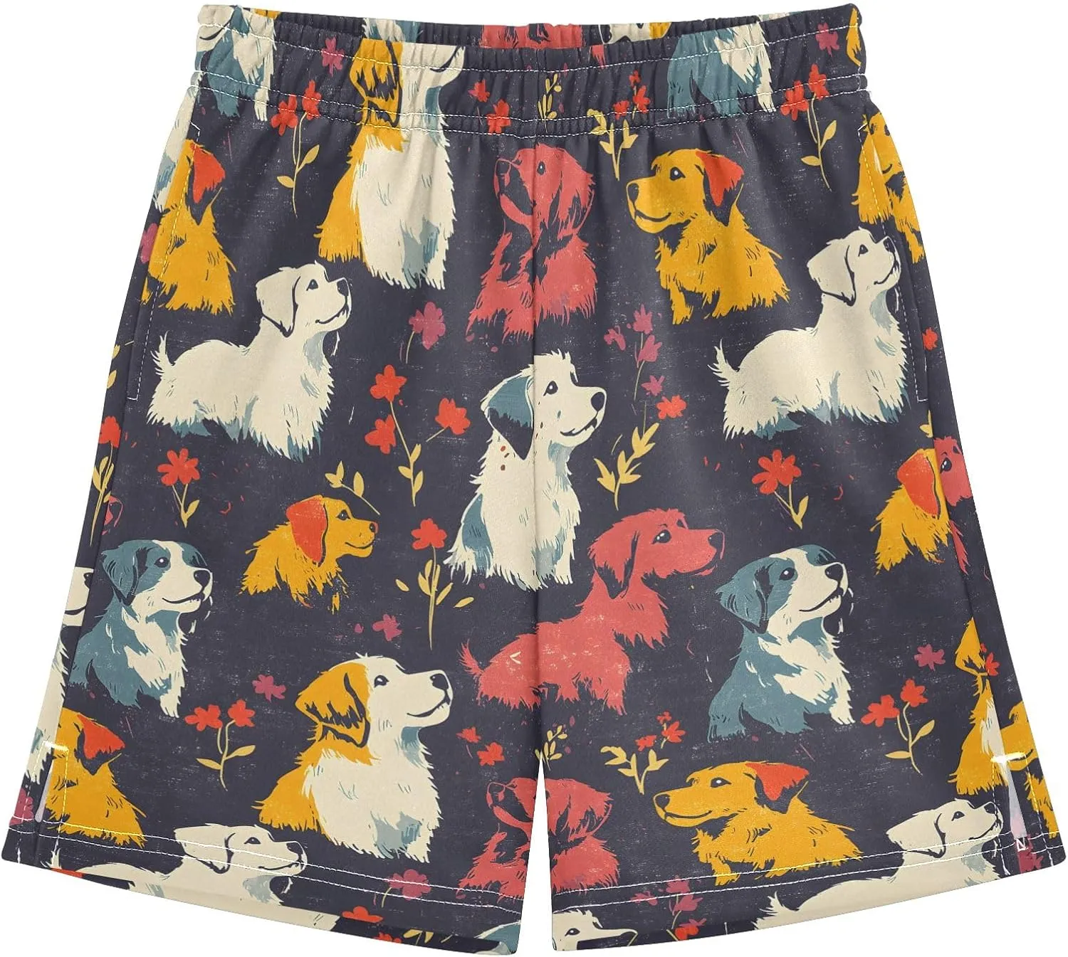 Colorful Dogs with Flowers Pattern Boys' Shorts Pants Summer Lounge Bottoms Boys Elastic Waist with Pockets