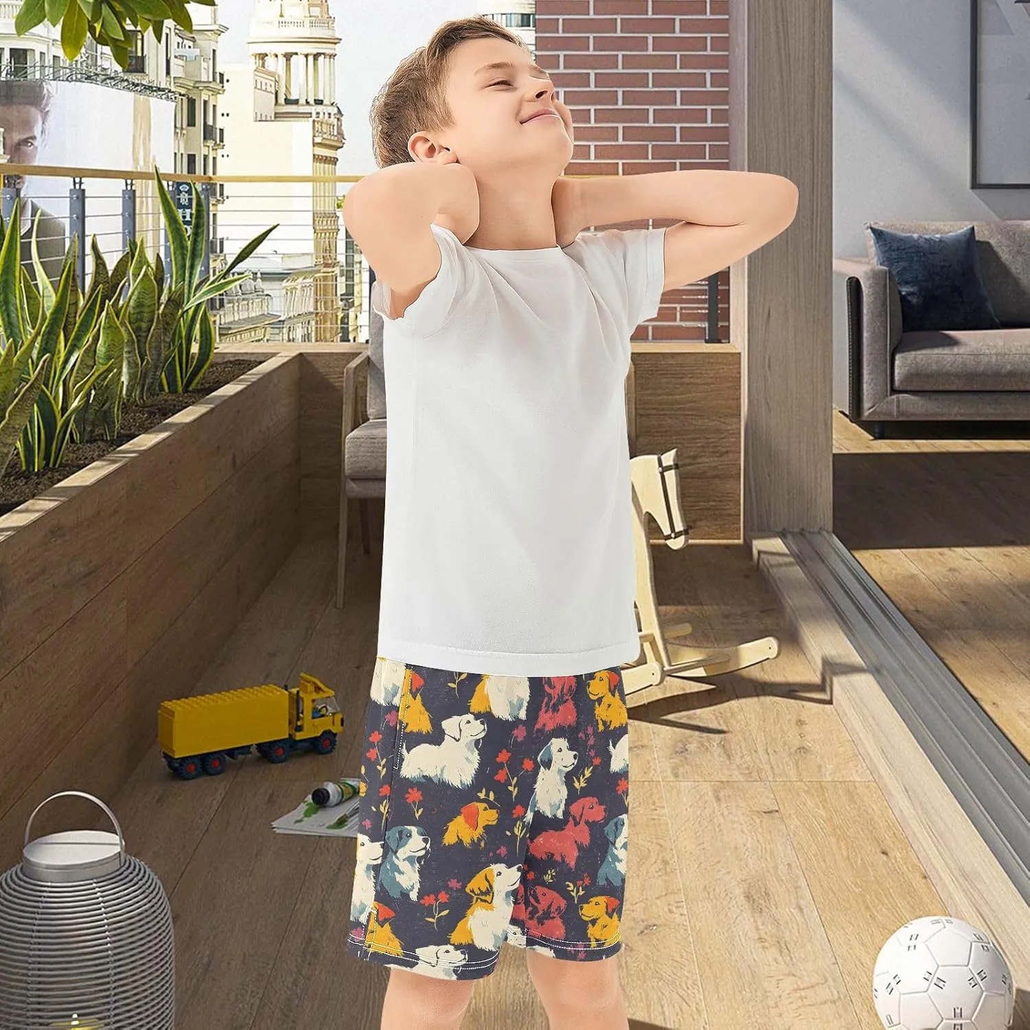 Colorful Dogs with Flowers Pattern Boys' Shorts Pants Summer Lounge Bottoms Boys Elastic Waist with Pockets