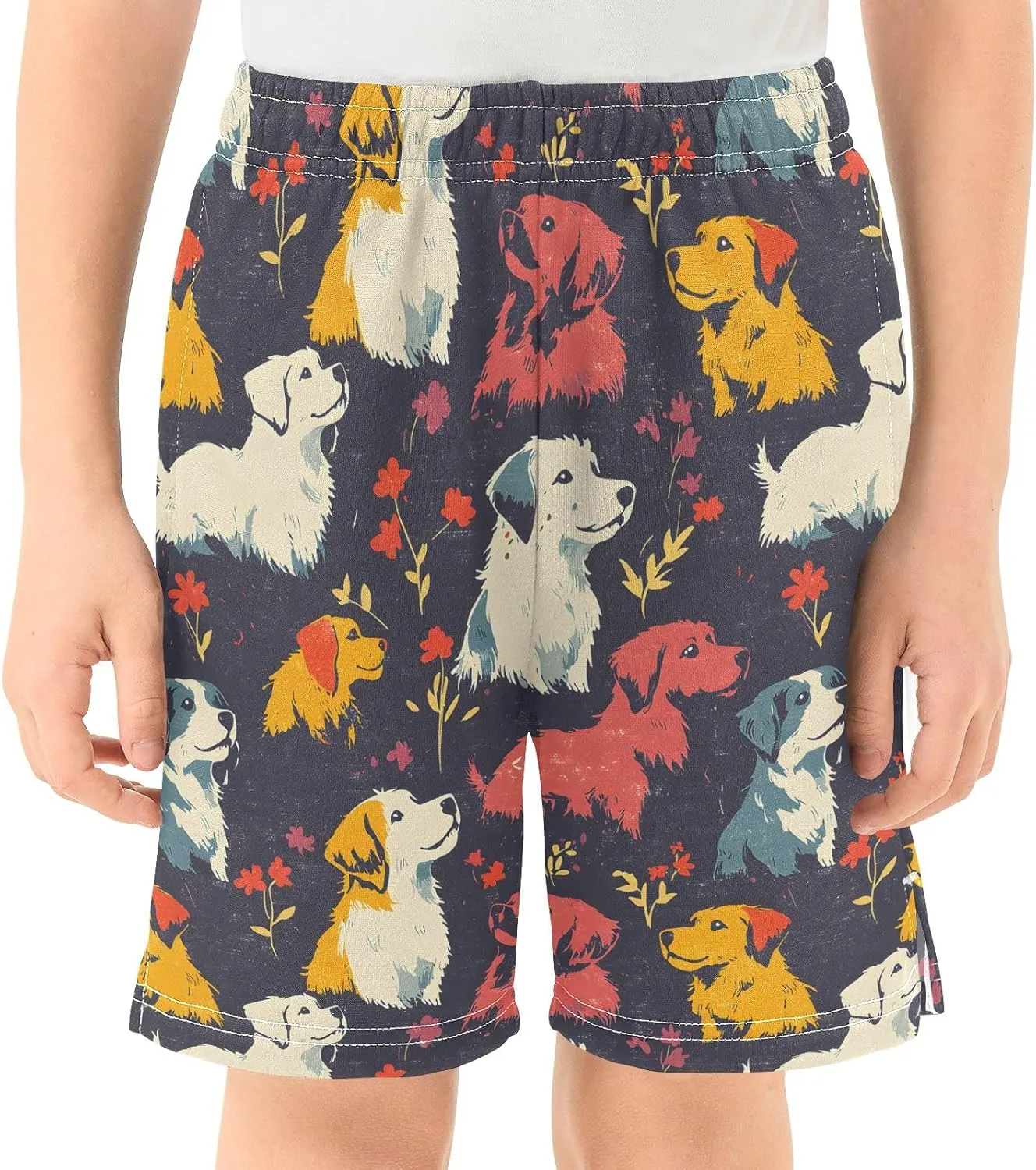 Colorful Dogs with Flowers Pattern Boys' Shorts Pants Summer Lounge Bottoms Boys Elastic Waist with Pockets