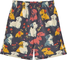 Colorful Dogs with Flowers Pattern Boys' Shorts Pants Summer Lounge Bottoms Boys Elastic Waist with Pockets
