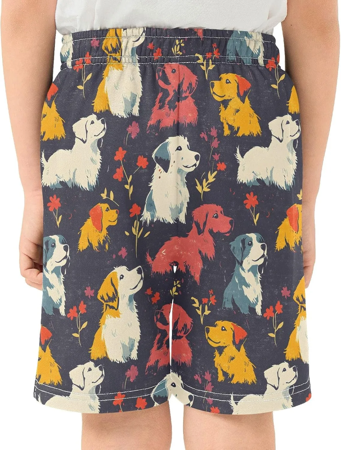 Colorful Dogs with Flowers Pattern Boys' Shorts Pants Summer Lounge Bottoms Boys Elastic Waist with Pockets