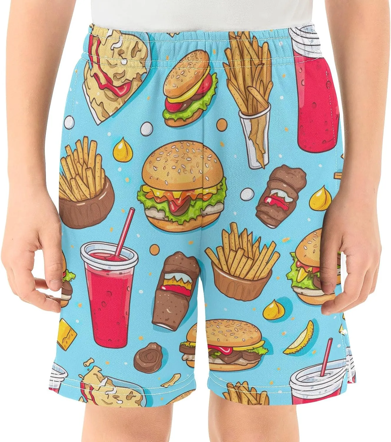 Colorful Food on Blue Boy Summer Shorts with Pockets Pull on Lounge Shorts Streetwear 7-15Y