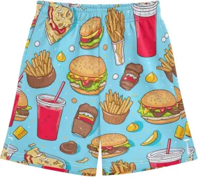 Colorful Food on Blue Boy Summer Shorts with Pockets Pull on Lounge Shorts Streetwear 7-15Y