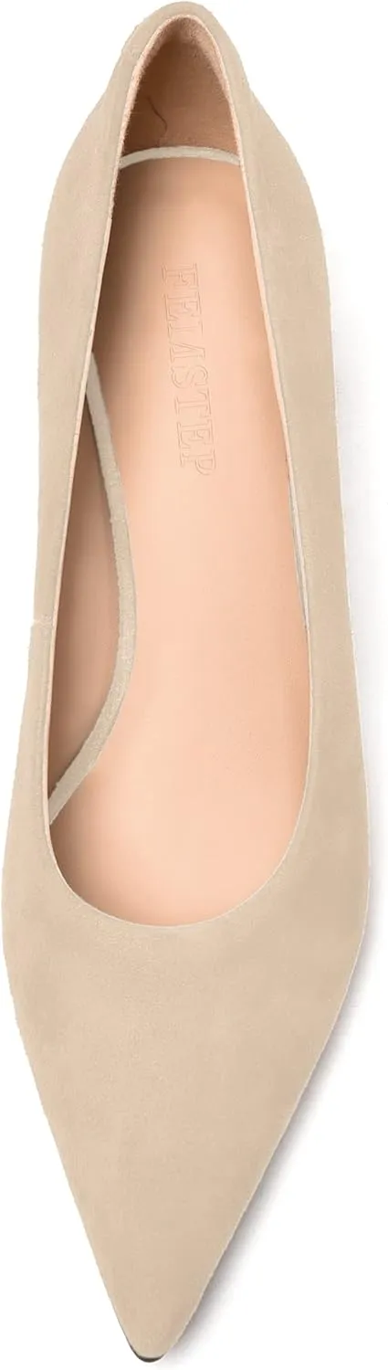 FEMSTEP Womens Slip On Suede Leather Pointed Toe Kitten Low Heel Pumps Shoes 2 Inch