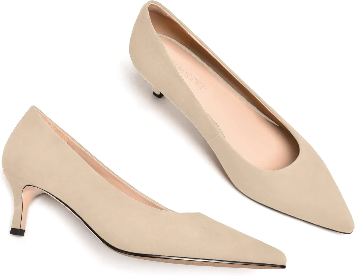 FEMSTEP Womens Slip On Suede Leather Pointed Toe Kitten Low Heel Pumps Shoes 2 Inch