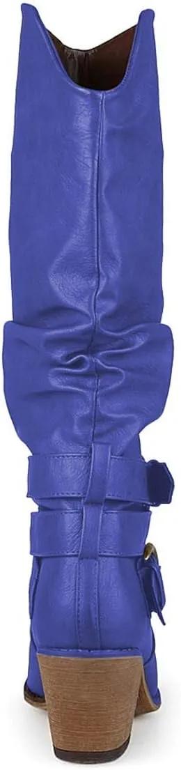 FOWT Leather Slouchy Knee High Booties for Women Round Toe Mid Stacked Block Heels Long Boots Two Strappy Buckles Pinky Bootie Pull On Ladies Fall Winter Jeans Shoes Full Size 4-15 M US