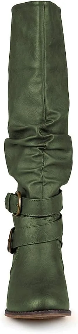 FOWT Leather Slouchy Knee High Booties for Women Round Toe Mid Stacked Block Heels Long Boots Two Strappy Buckles Pinky Bootie Pull On Ladies Fall Winter Jeans Shoes Full Size 4-15 M US