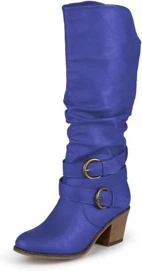 FOWT Leather Slouchy Knee High Booties for Women Round Toe Mid Stacked Block Heels Long Boots Two Strappy Buckles Pinky Bootie Pull On Ladies Fall Winter Jeans Shoes Full Size 4-15 M US