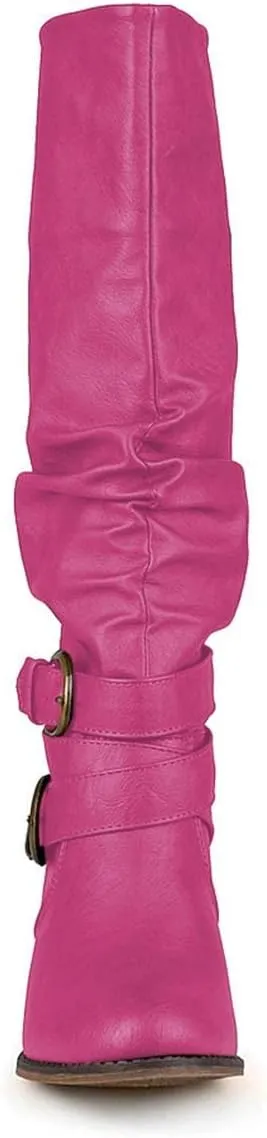 FOWT Leather Slouchy Knee High Booties for Women Round Toe Mid Stacked Block Heels Long Boots Two Strappy Buckles Pinky Bootie Pull On Ladies Fall Winter Jeans Shoes Full Size 4-15 M US