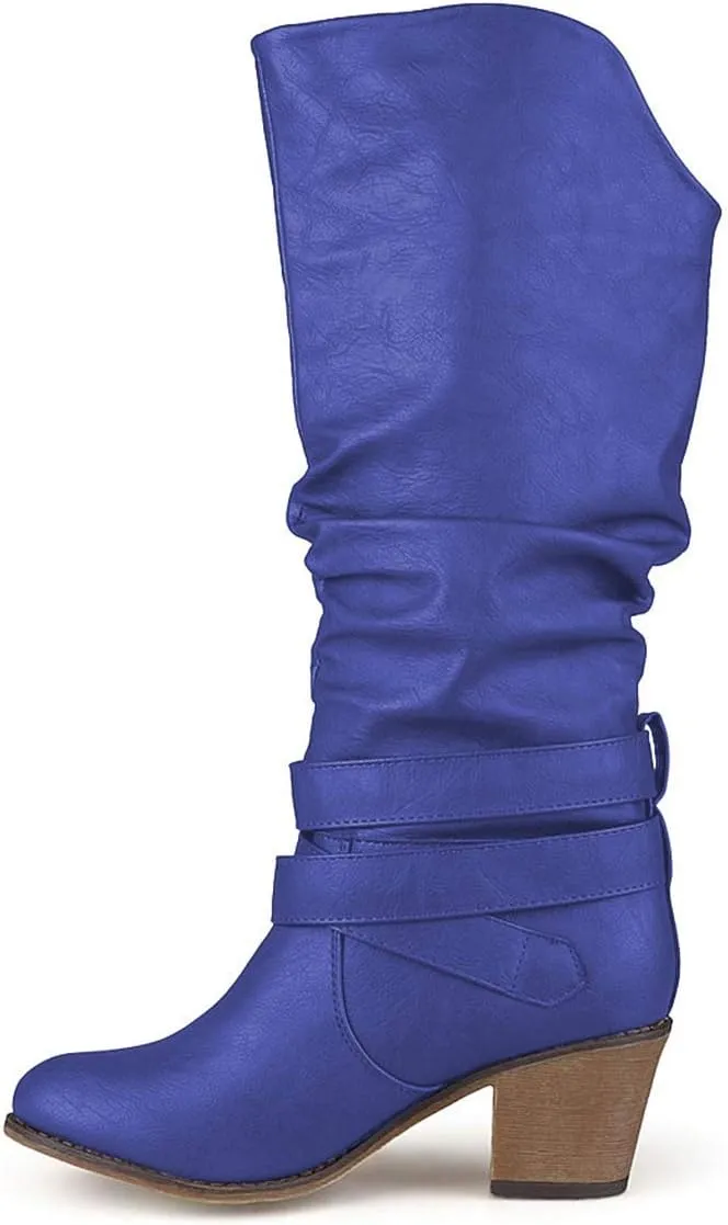 FOWT Leather Slouchy Knee High Booties for Women Round Toe Mid Stacked Block Heels Long Boots Two Strappy Buckles Pinky Bootie Pull On Ladies Fall Winter Jeans Shoes Full Size 4-15 M US