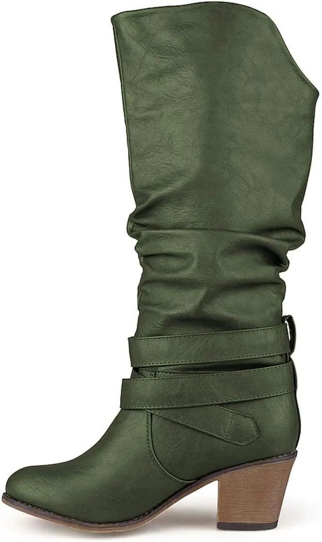FOWT Leather Slouchy Knee High Booties for Women Round Toe Mid Stacked Block Heels Long Boots Two Strappy Buckles Pinky Bootie Pull On Ladies Fall Winter Jeans Shoes Full Size 4-15 M US