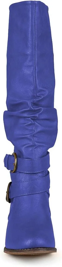 FOWT Leather Slouchy Knee High Booties for Women Round Toe Mid Stacked Block Heels Long Boots Two Strappy Buckles Pinky Bootie Pull On Ladies Fall Winter Jeans Shoes Full Size 4-15 M US