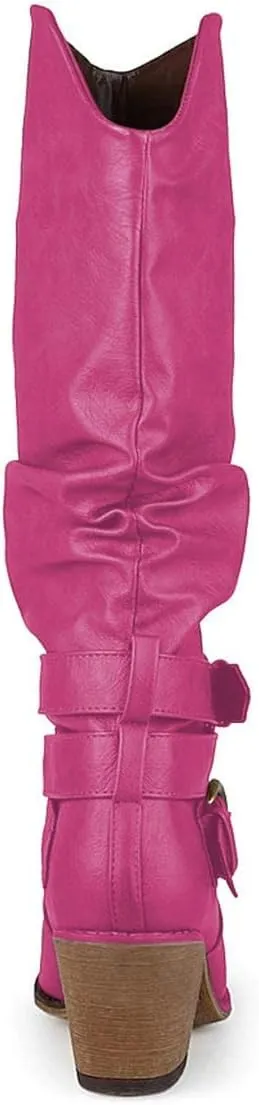 FOWT Leather Slouchy Knee High Booties for Women Round Toe Mid Stacked Block Heels Long Boots Two Strappy Buckles Pinky Bootie Pull On Ladies Fall Winter Jeans Shoes Full Size 4-15 M US