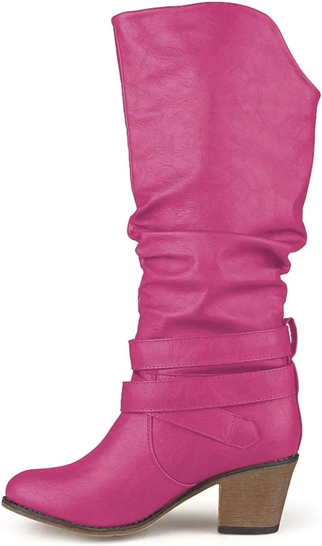 FOWT Leather Slouchy Knee High Booties for Women Round Toe Mid Stacked Block Heels Long Boots Two Strappy Buckles Pinky Bootie Pull On Ladies Fall Winter Jeans Shoes Full Size 4-15 M US