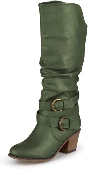 FOWT Leather Slouchy Knee High Booties for Women Round Toe Mid Stacked Block Heels Long Boots Two Strappy Buckles Pinky Bootie Pull On Ladies Fall Winter Jeans Shoes Full Size 4-15 M US