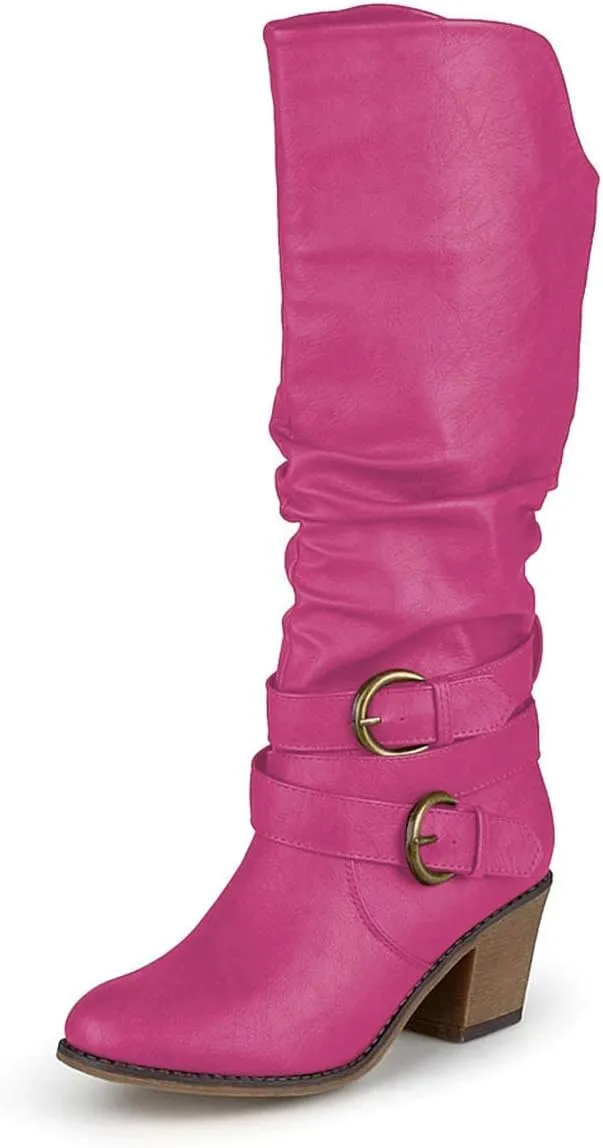 FOWT Leather Slouchy Knee High Booties for Women Round Toe Mid Stacked Block Heels Long Boots Two Strappy Buckles Pinky Bootie Pull On Ladies Fall Winter Jeans Shoes Full Size 4-15 M US