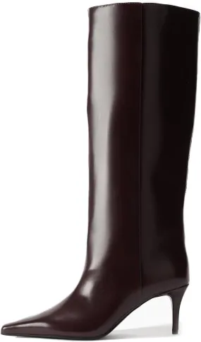 Goolita Burgundy Knee High Boots For Women, Pointed Toe Kitten Heel Wide Calf Boots Cherry Red Slip On Dress Tall Boots