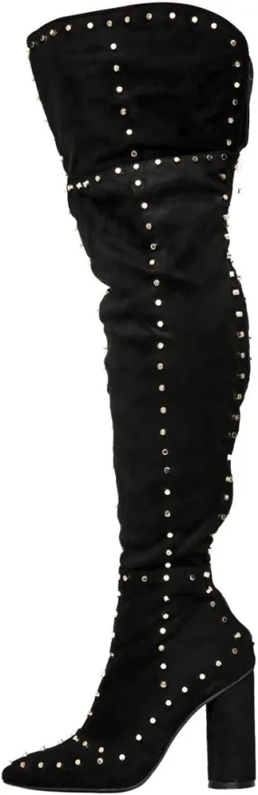 Goolita Women's Suede Chunky Heel Over Knee Boots Rivet Pointed Toe Back Zipper Thigh High Boots Keep Warm Long Boots