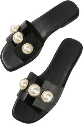 GORGLITTER Women's H Sandals Pearl Flat Sandals Square Toe Dressy Summer Cute Sandals Shoes 2025