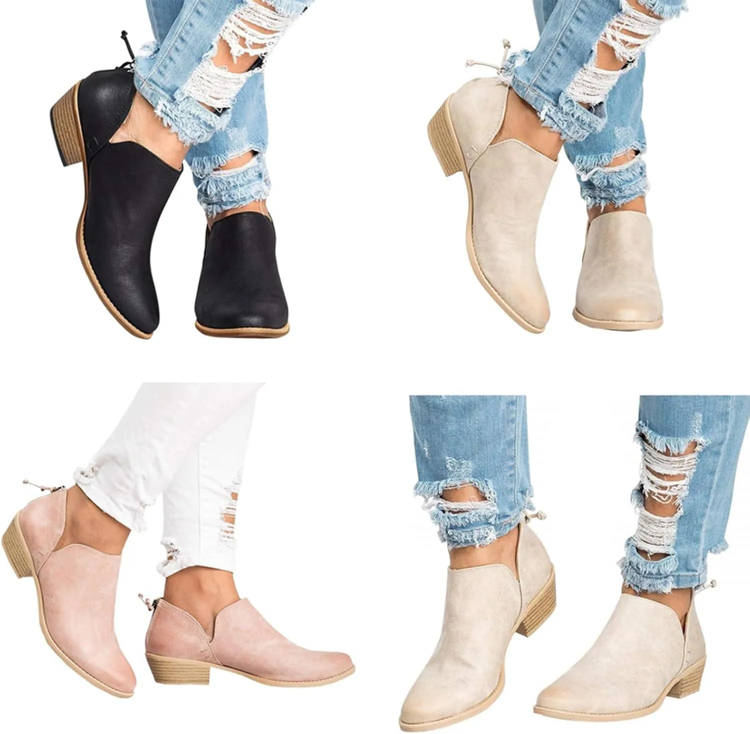 JITUUE Ankle Boots for Women Loafers Slip On Shoes Chunky Block Low Heels Office Pointed Toe Booties with Zipper Tassels