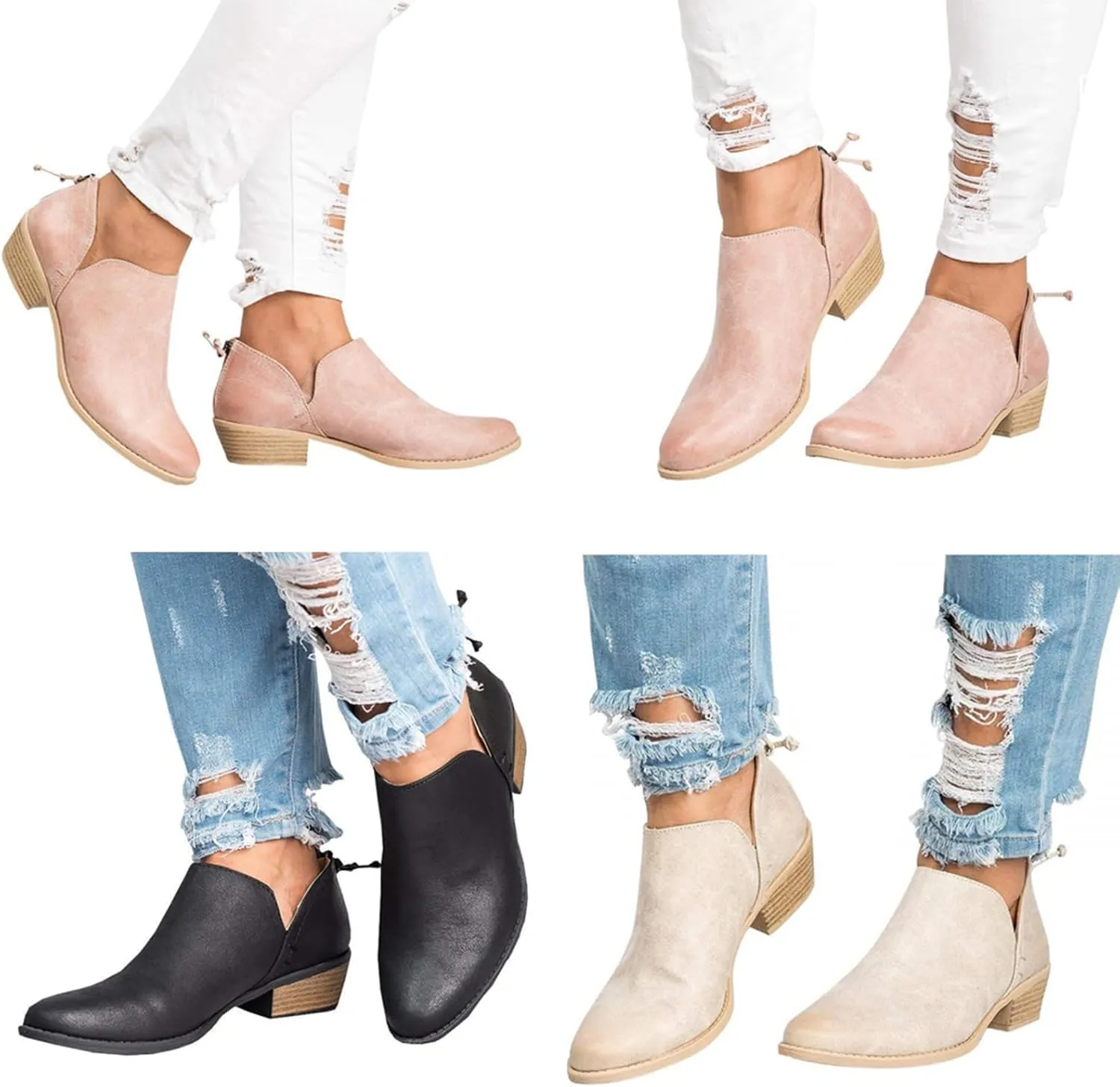 JITUUE Ankle Boots for Women Loafers Slip On Shoes Chunky Block Low Heels Office Pointed Toe Booties with Zipper Tassels