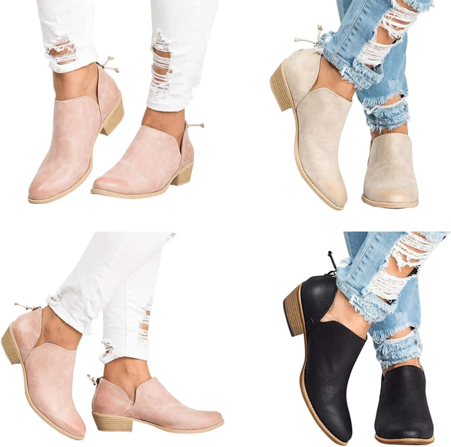 JITUUE Ankle Boots for Women Loafers Slip On Shoes Chunky Block Low Heels Office Pointed Toe Booties with Zipper Tassels