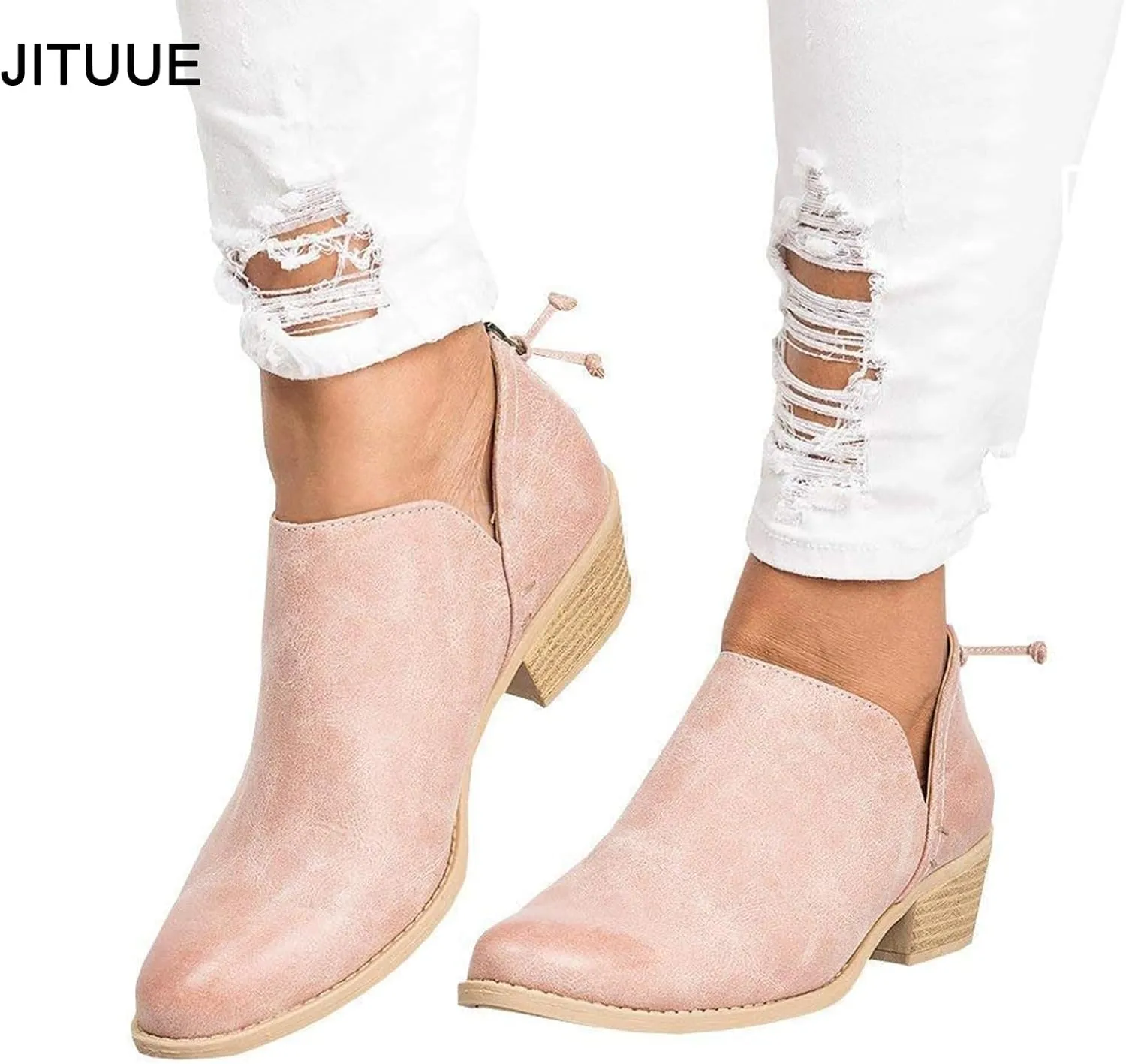 JITUUE Ankle Boots for Women Loafers Slip On Shoes Chunky Block Low Heels Office Pointed Toe Booties with Zipper Tassels