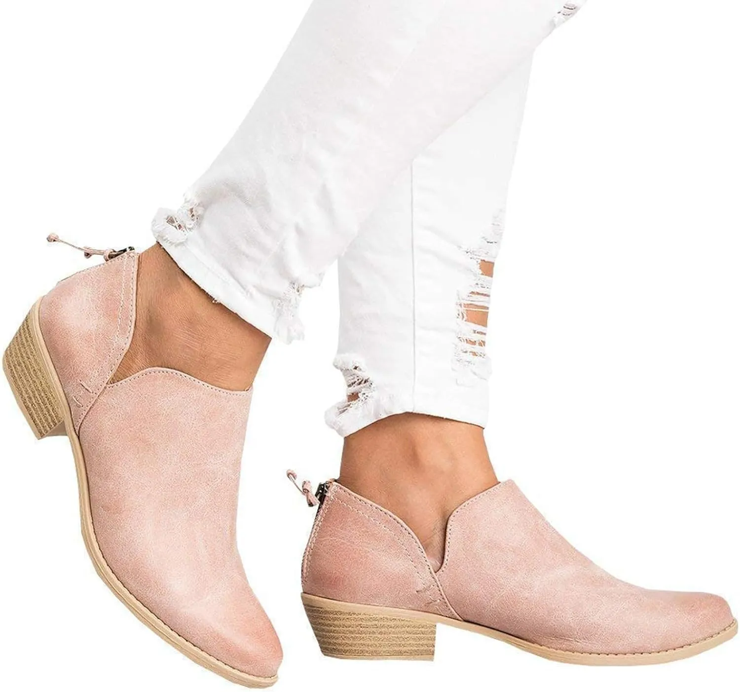 JITUUE Ankle Boots for Women Loafers Slip On Shoes Chunky Block Low Heels Office Pointed Toe Booties with Zipper Tassels