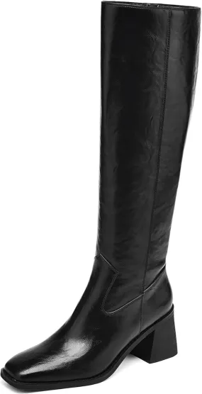 Knee High Boots Women Chunky Heel Fashion Faux Leather Tall Boots Square Toe Block Heeled Long Riding Boots