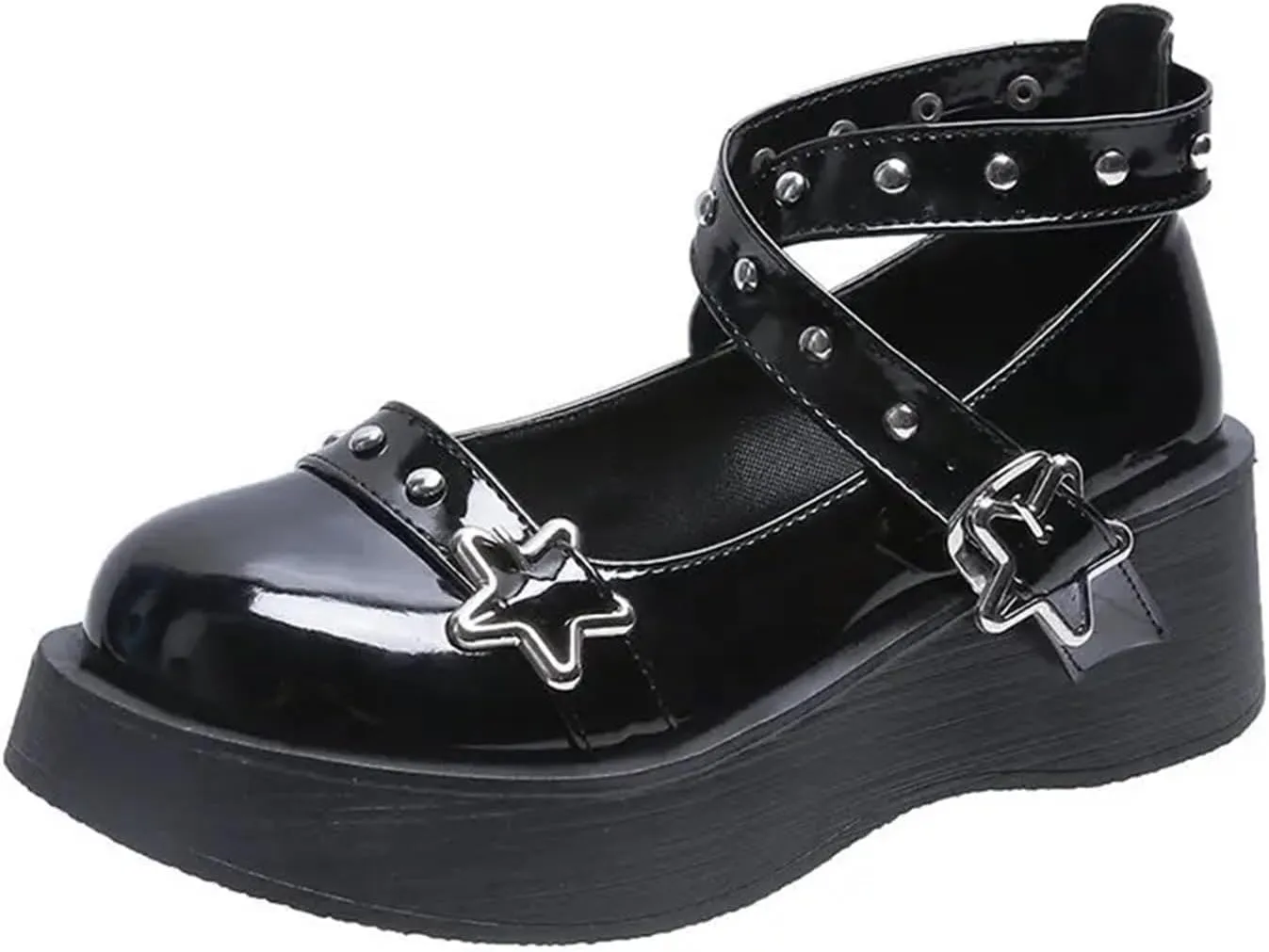 Loafers for Women Lolita Buckle Shoes for Women Cross-Tied Platform Flats Patent Leather Casual Rivet Shoes for Girls