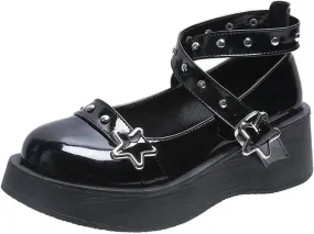 Loafers for Women Lolita Buckle Shoes for Women Cross-Tied Platform Flats Patent Leather Casual Rivet Shoes for Girls