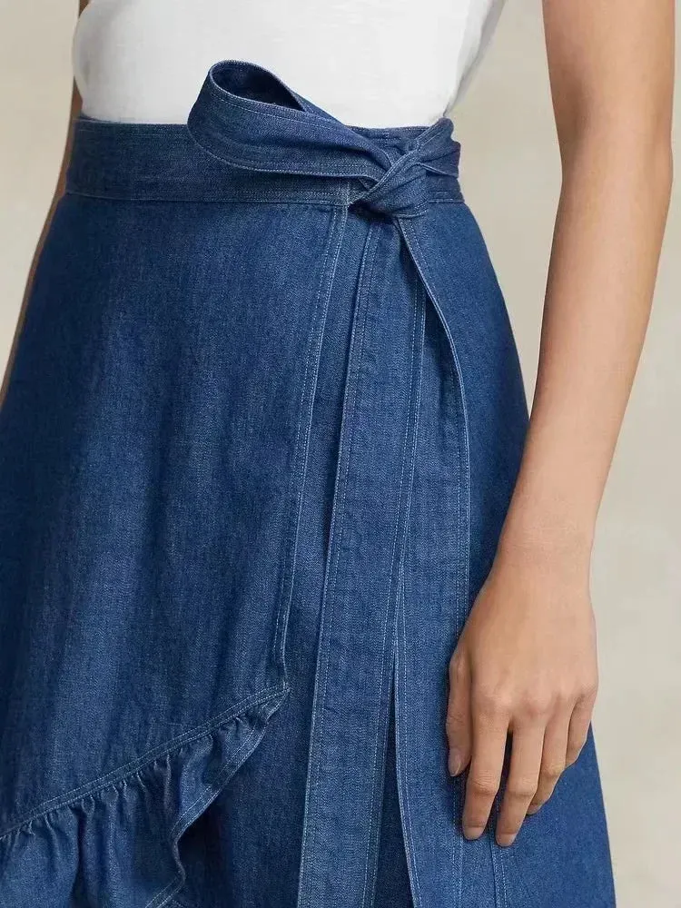 LVSANW 2024 New RL 100% Cotton Ruffle Skirt Autumn and Spring Women's Mid-length Women's Korean Style Wrap Skirt Women's Fashion