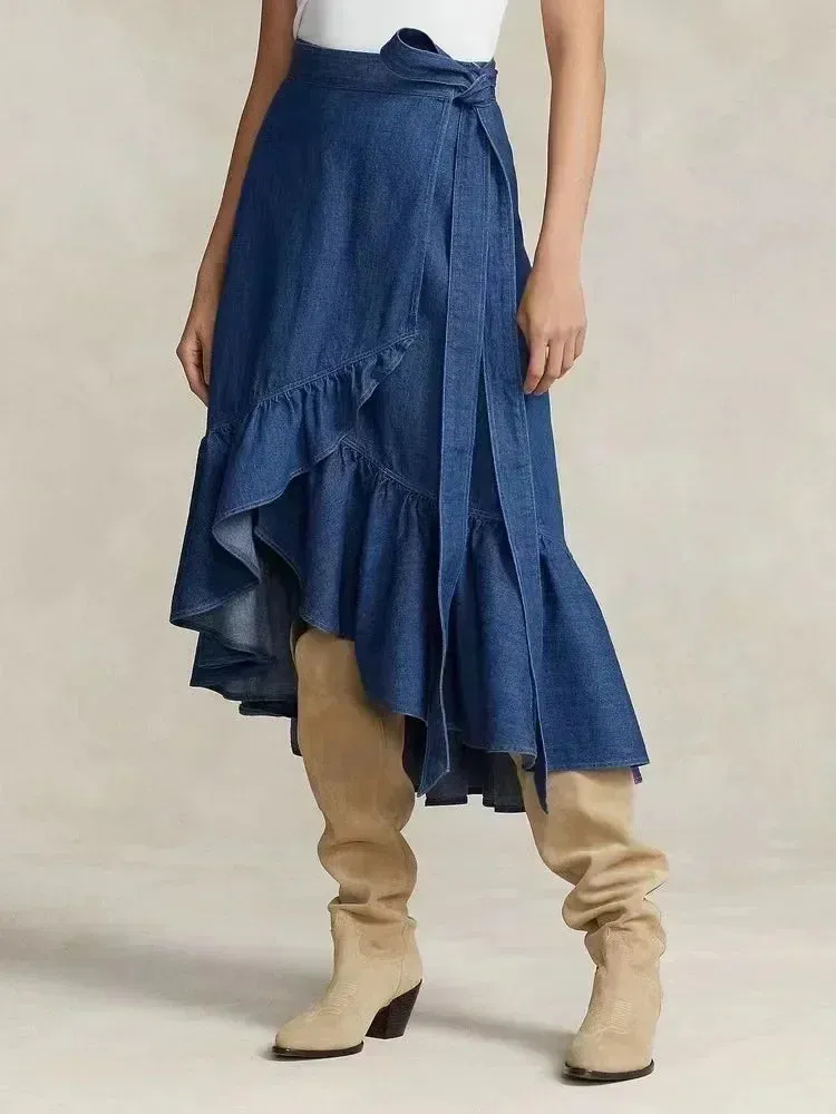LVSANW 2024 New RL 100% Cotton Ruffle Skirt Autumn and Spring Women's Mid-length Women's Korean Style Wrap Skirt Women's Fashion