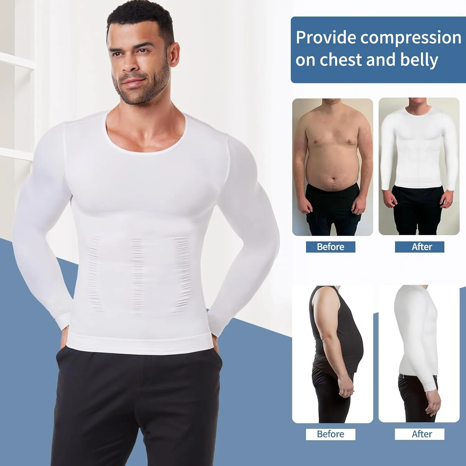 MISS MOLY Gynecomastia Compression Shirts for Men Long Sleeve Slimming Body Shaper Tummy Control Shapewear Undershirt