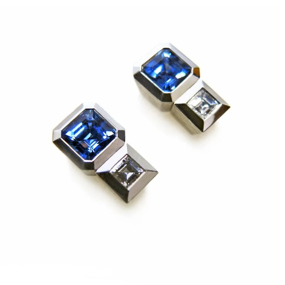 Series 20 | Oblique Fine Emerald Cut Sapphire Stud Earrings, Diamond Jackets in Plat.