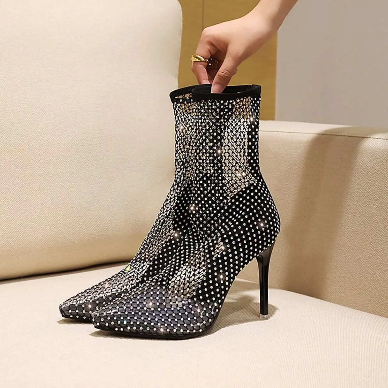 Women's Black Ankle Boot, Pointed Toe, Stiletto Heel, Rhinestone Embellished, Size 37, Mesh, All Seasons, Ankle-High Bootie