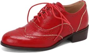 Women's Perforated Lace-Up Wingtip Oxfords Shoes Classic Patchwork Multicolor Leather Flat Brogues Round Toe Comfortable Low Block Heel Derby Saddle Pumps