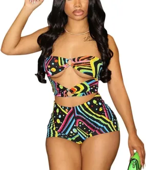 Wuitrie Sexy 2 Piece Sets for Women Color Graffiti Print Ring Hollow Out Tube Top Bodycon Mini Shorts Cocktail Party Outfits